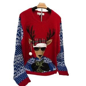 Jolly Sweater Ugly Christmas sweater Reindeer wearing sunglasses w/drink pouch